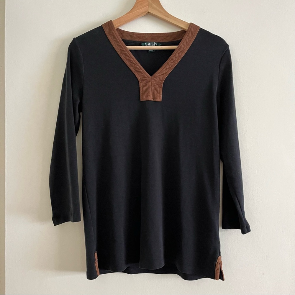 Lauren Ralph Lauren Black Brown 3/4 Sleeve Suede V-Neck Blouse 100% Cotton M